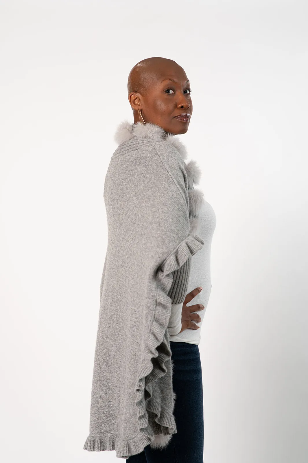 Rippe's Furs Fox Fur Trim Ruffled Wool Wrap - Light Grey