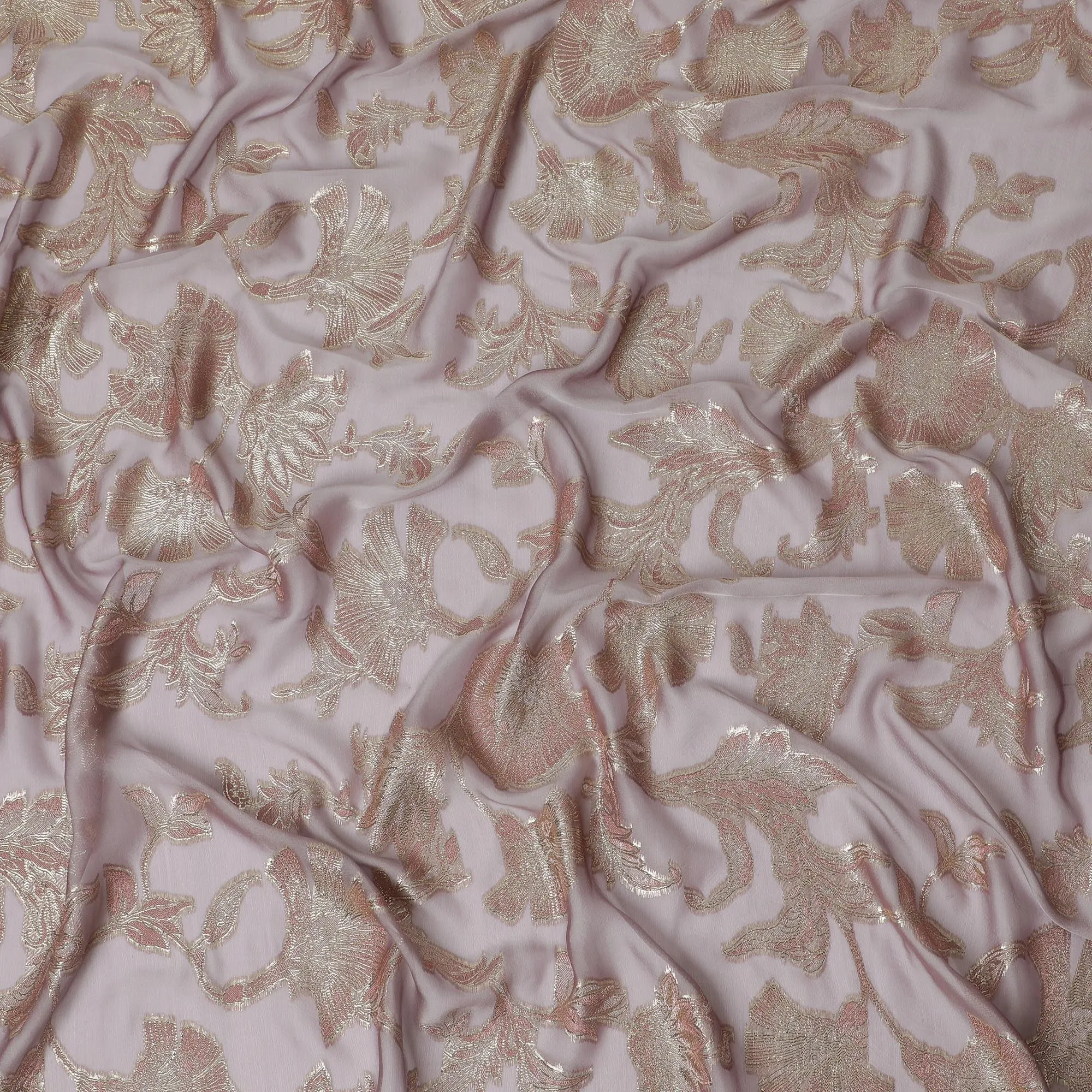 Rose Pink Silk Chiffon (Fransawi) Fabric with Metallic Lurex Floral Design, 110 cm Width-D19732