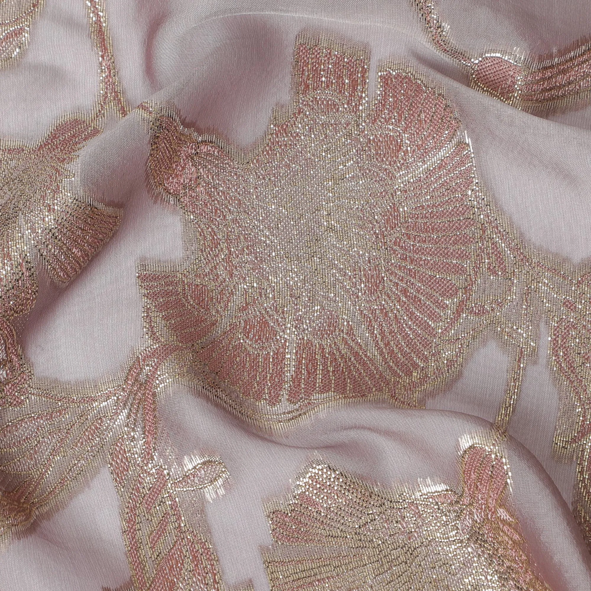 Rose Pink Silk Chiffon (Fransawi) Fabric with Metallic Lurex Floral Design, 110 cm Width-D19732