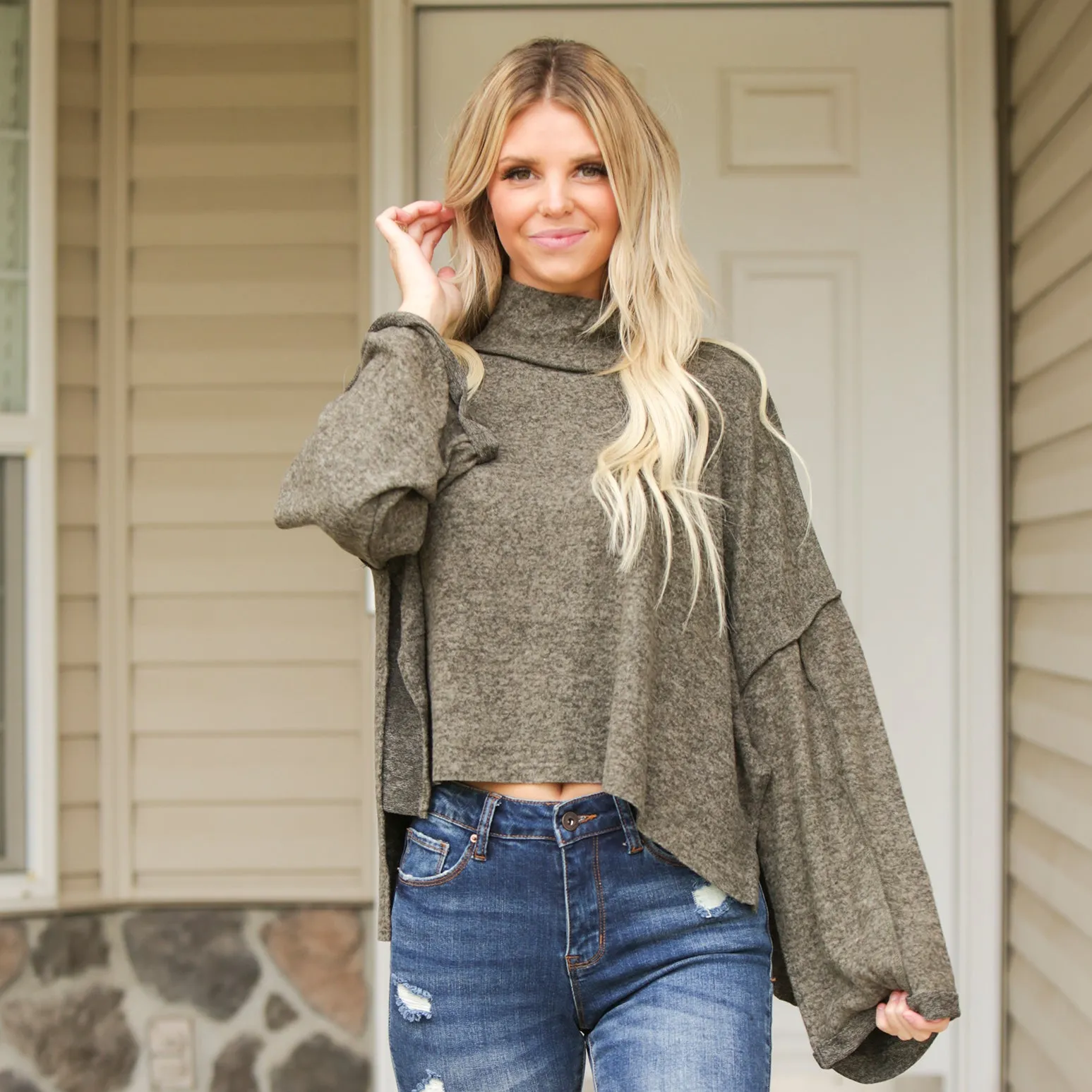 Side Slit Mock Neck Sweater