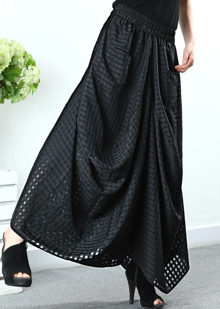 Simple Black Pockets Plaid wide leg Pants Spring