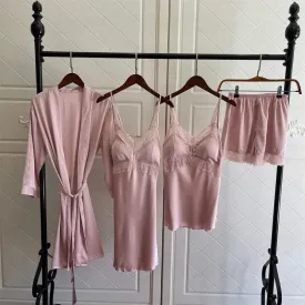 TAVIMART  -  4PCS Women Pink Satin Pajamas Set Lace Sleep Suit  Pijama Home Nightie Sexy V-Neck Sleepwear