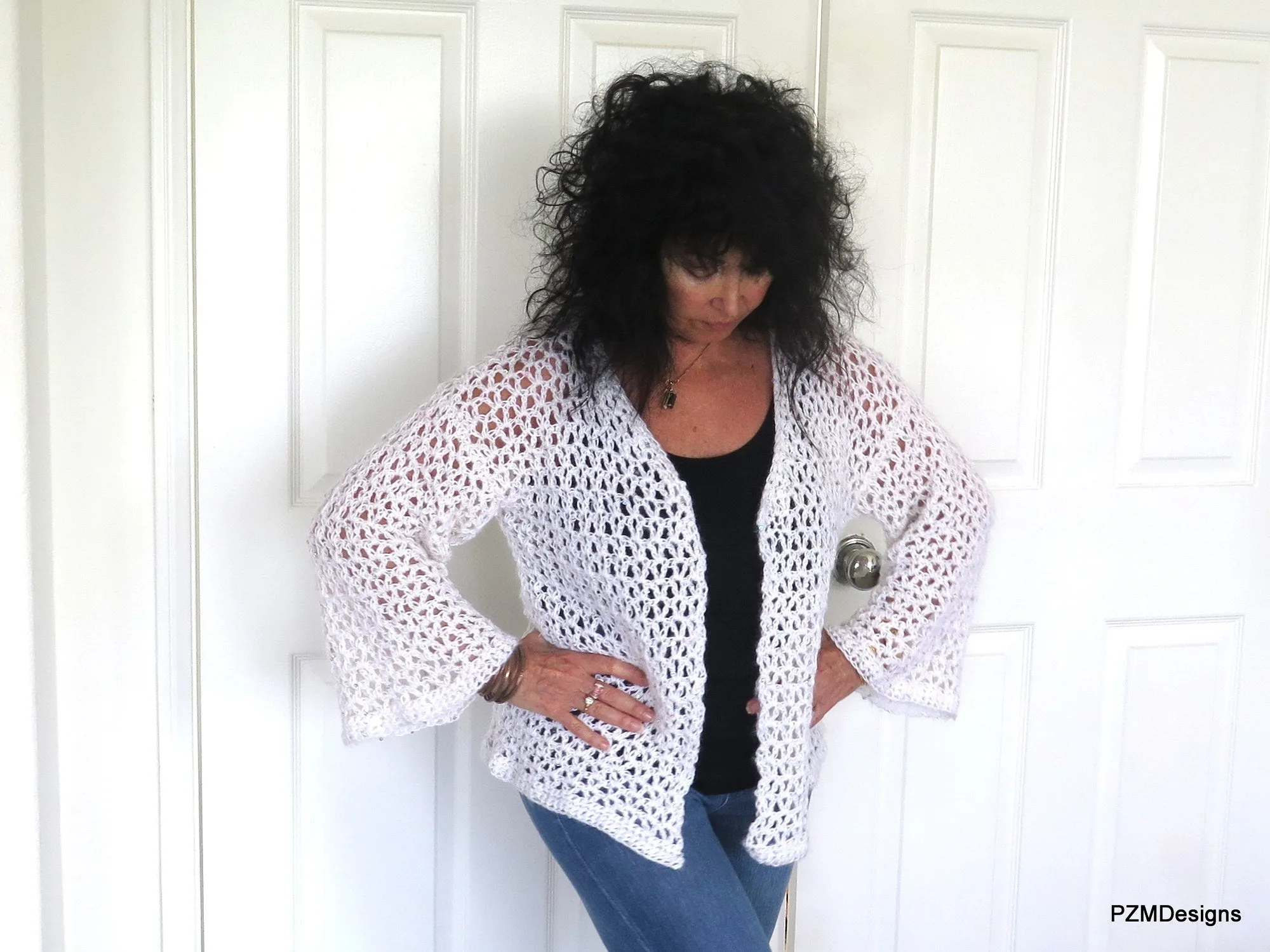 White Crochet Plus Size Sweater with Sequins, Gift for her