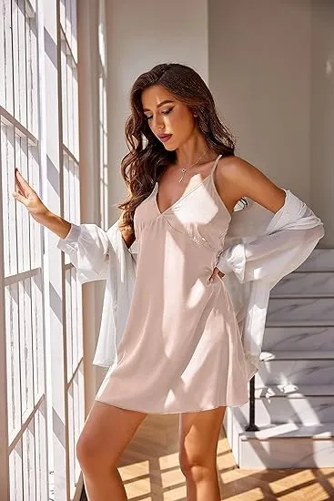 Wholesale Women's Satin Nightgown V Neck Spaghetti Strap Nightdress Silk Slip - Pink