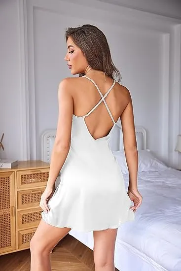 Wholesale Women's Satin Nightgown V Neck Spaghetti Strap Nightdress Silk Slip - White