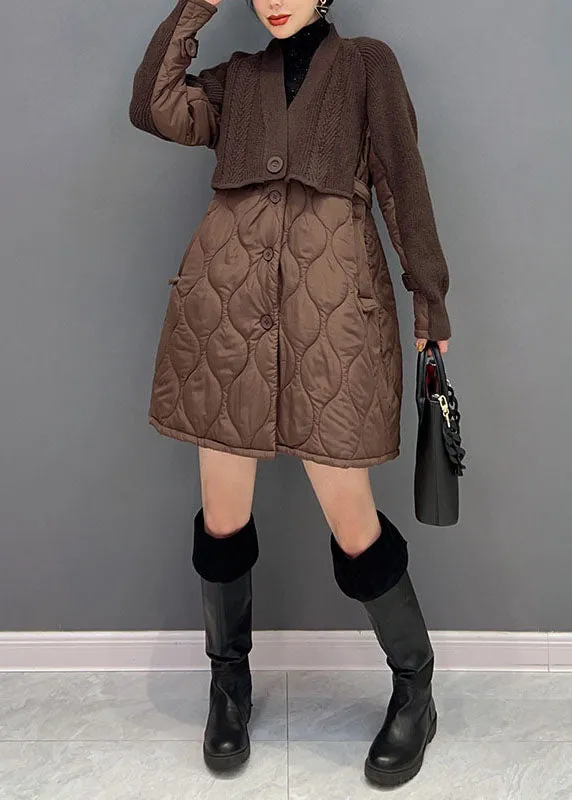 Women Chocolate V Neck Knit Patchwork  Cotton Filled coats Winter