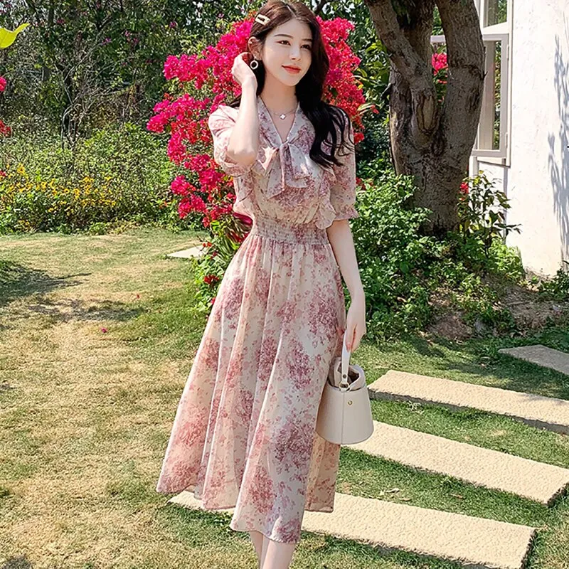 Women Pink Floral Chiffon Chic Ruffled Midi Dress Summer Fashion Short Sleeve Bow Collar Dress - WD8039