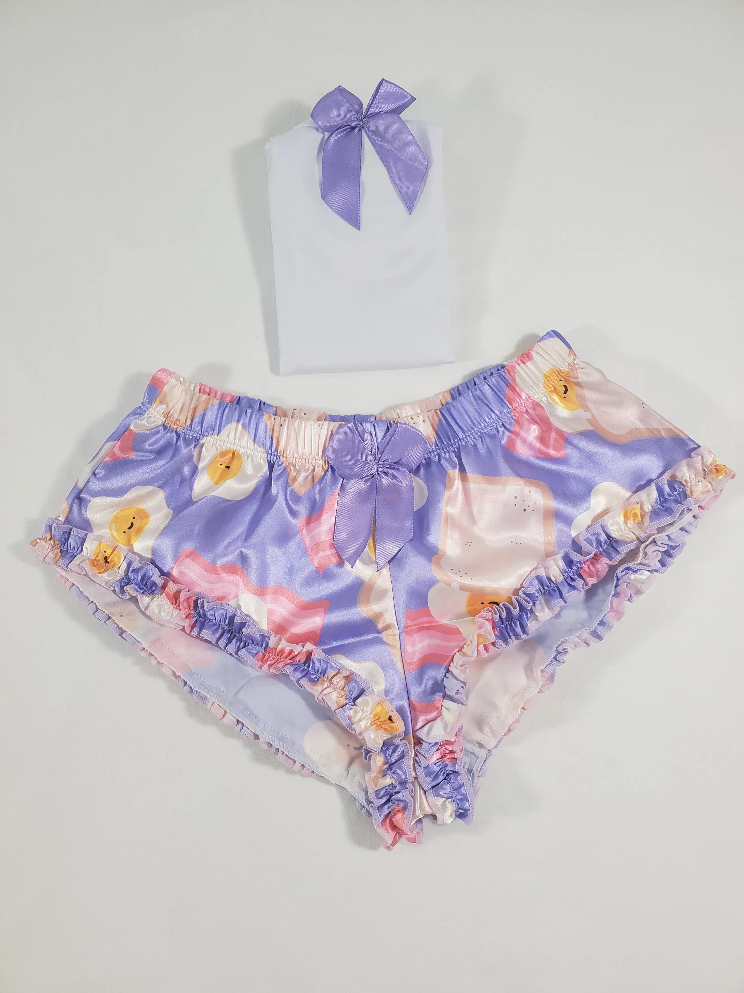 Women's Sexy pajama purple satin shorts fried eggs and toast theme white blouse